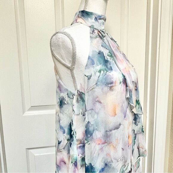 MISA Victorine Floral High-Low Maxi Chiffon Dress in Abstract Watercolor XS NEW - Picture 7 of 11